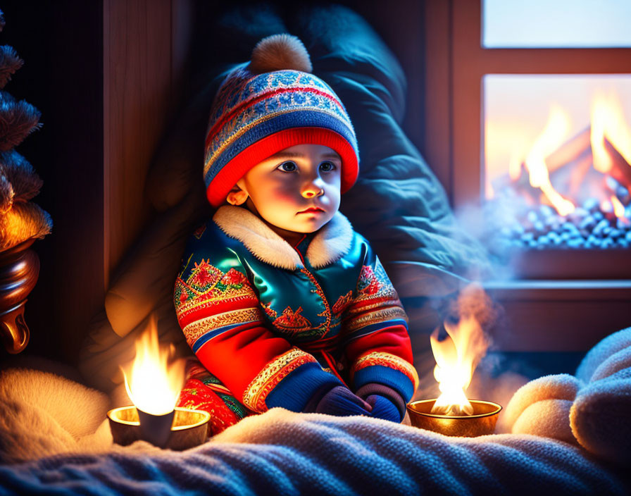 Child in winter attire by fireplace with glowing candles - warm, festive atmosphere