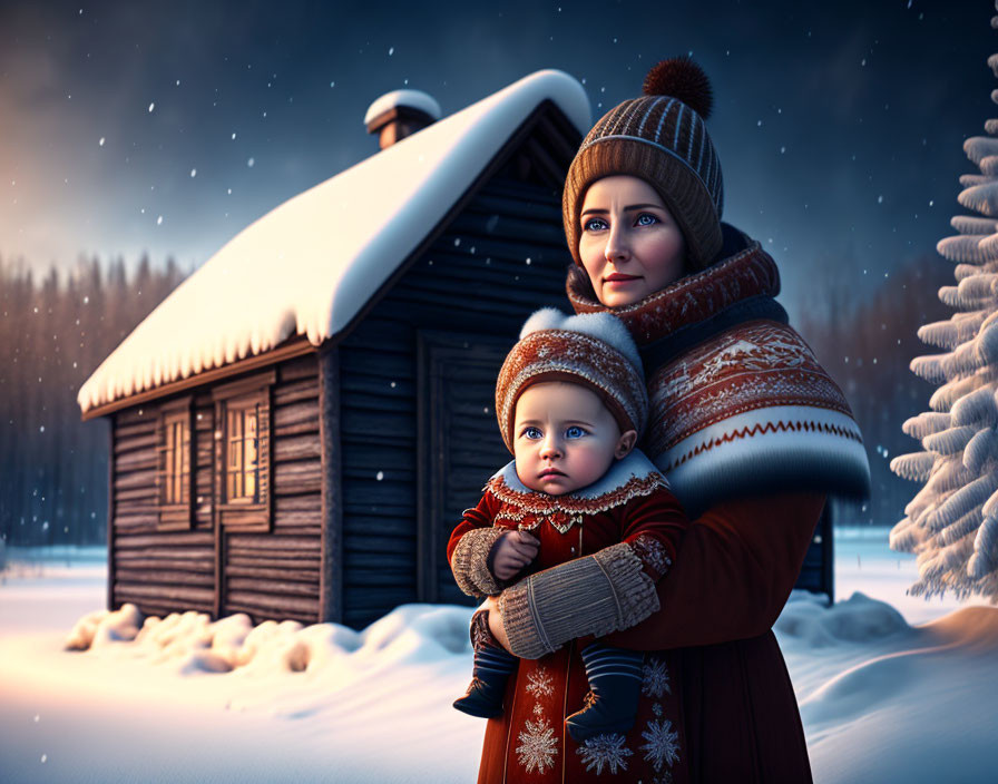 Woman with baby near snow-covered cabin in winter evening