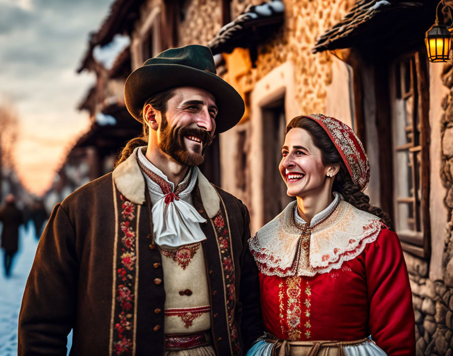 Traditional dressed man and woman standing on old street at dusk