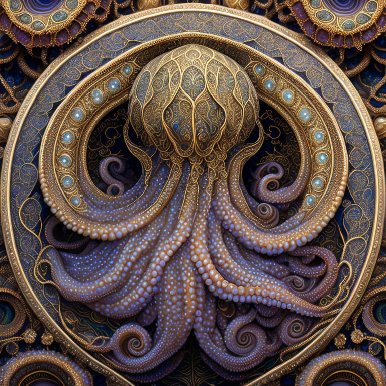 Intricate gold and blue octopus fractal with spherical elements