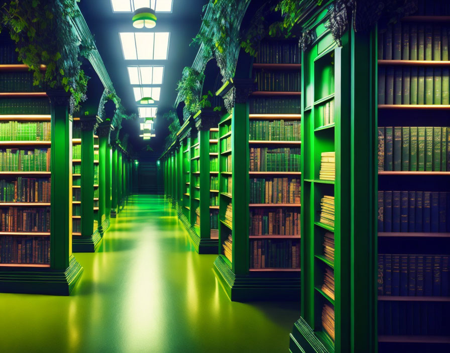 Green Bookshelves and Classic Lamps in Vibrant Library Hall