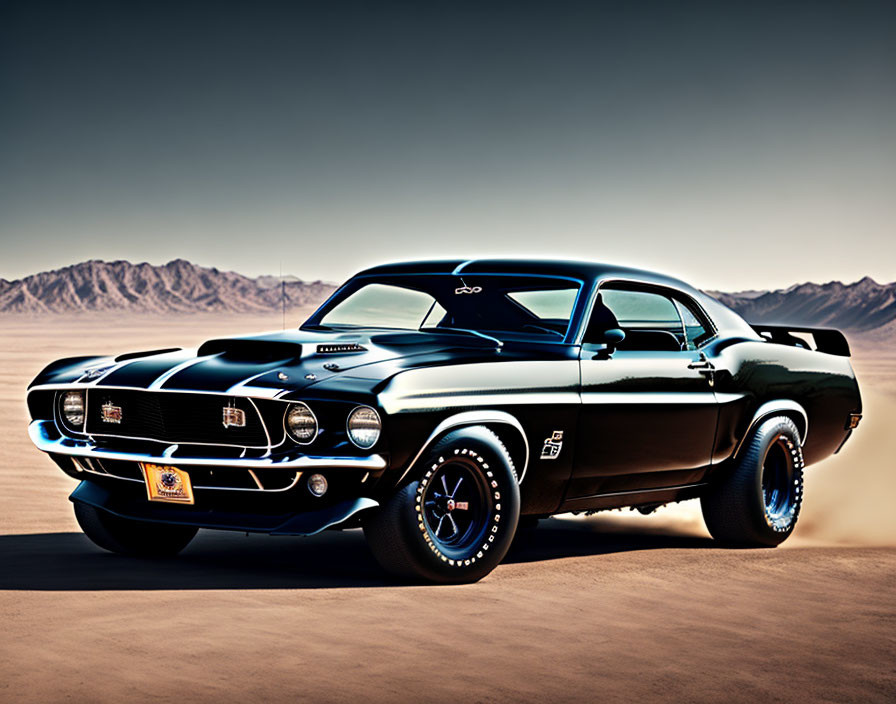 Vintage Black Ford Mustang with Racing Stripes and Chrome Detailing in Desert Setting