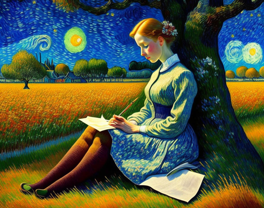 Woman in Blue Dress Writing Letter in Van Gogh-Inspired Setting