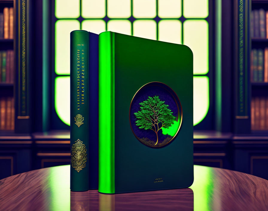 Ornate green books with gold detailing on polished table against stained-glass backdrop