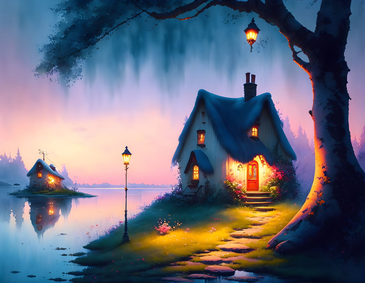 Twilight lakeside scene with cozy cottages, street lamps, vibrant flora, and delicate willow