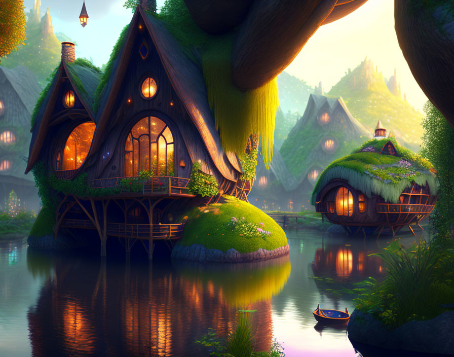 Enchanting fairytale village by serene lake at dusk