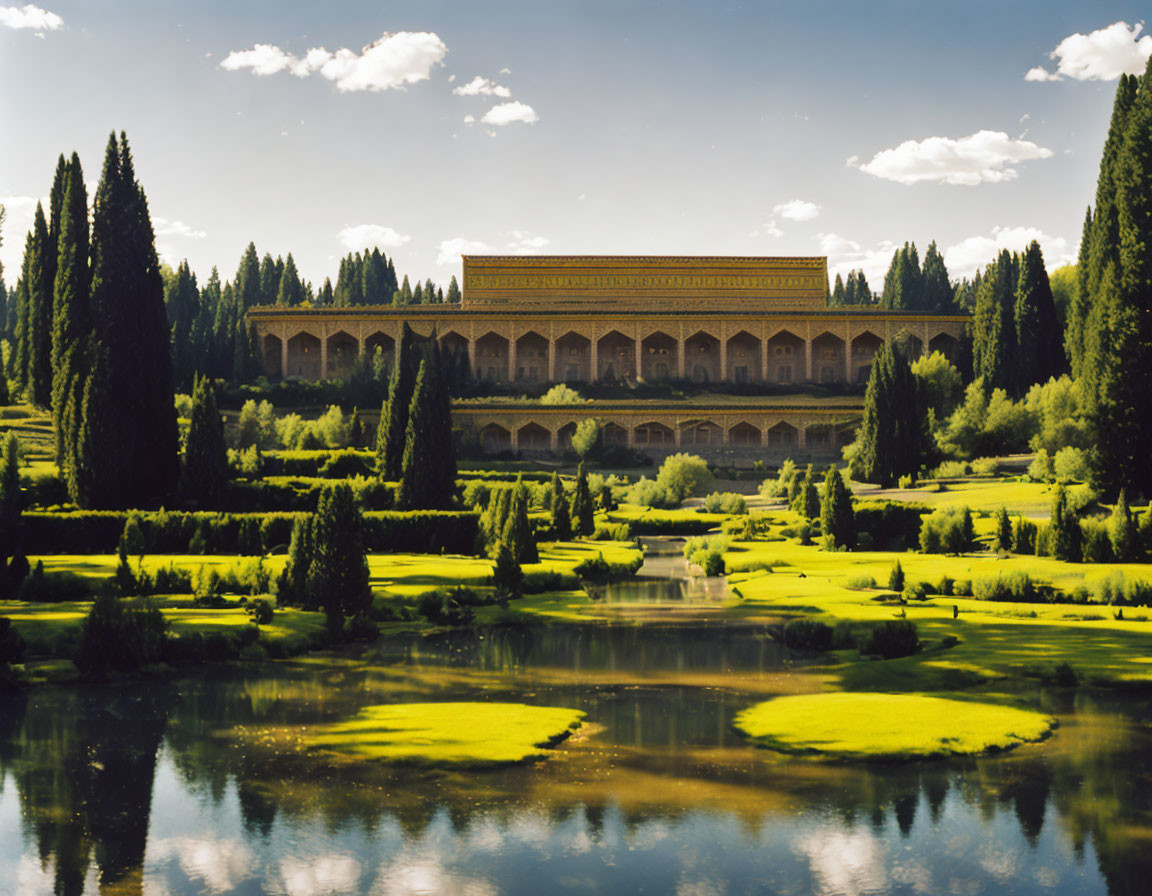 Ornate historic building with arcades reflected in tranquil pond amid lush green gardens and tall cypress