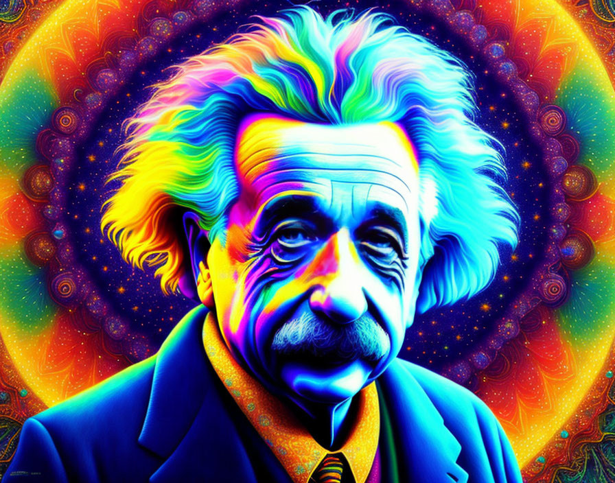 Colorful portrait of Albert Einstein with psychedelic fractal patterns