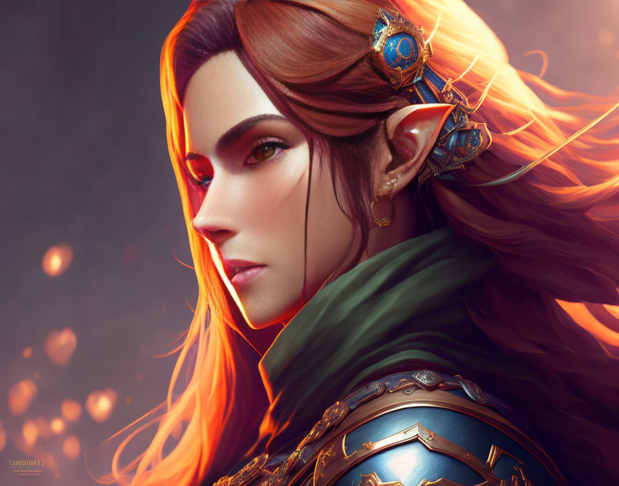 Vibrant Female Elf Illustration with Orange Hair and Red Eyes