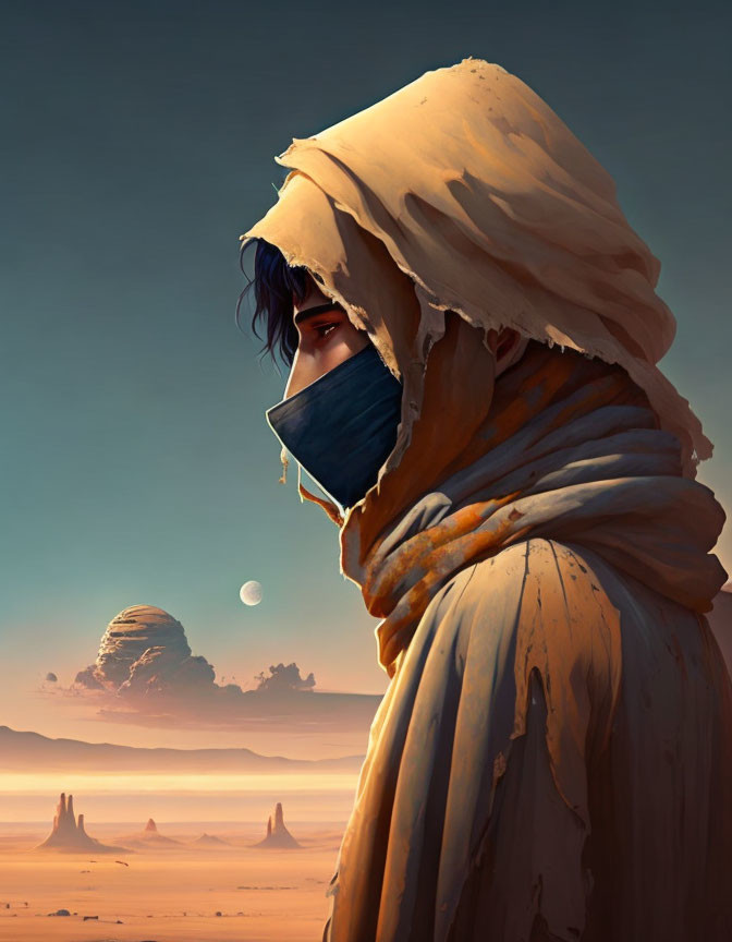 Robed figure in dust mask in desert with rock formations and two moons.