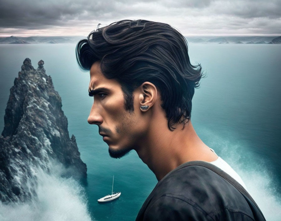 Dark-haired man gazes at sailboat on stormy cliff in digital art