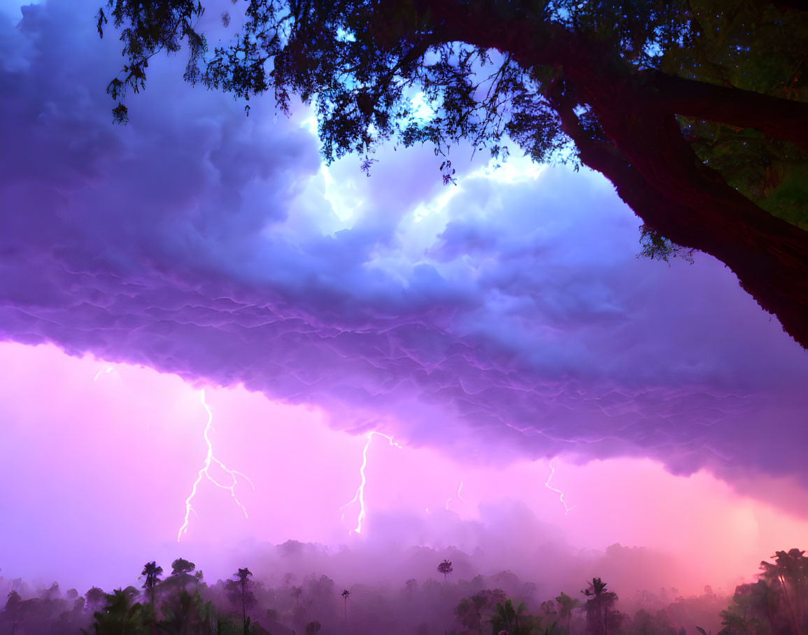 Dramatic purple lightning strikes in stormy sky with tree silhouettes.