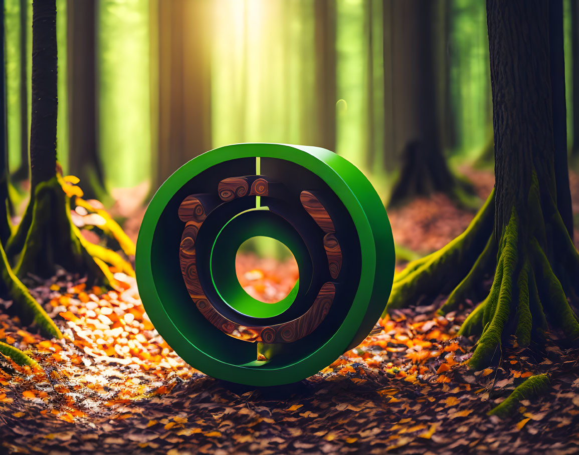 Circular green @ symbol in sunlit forest with lush trees and autumn leaves