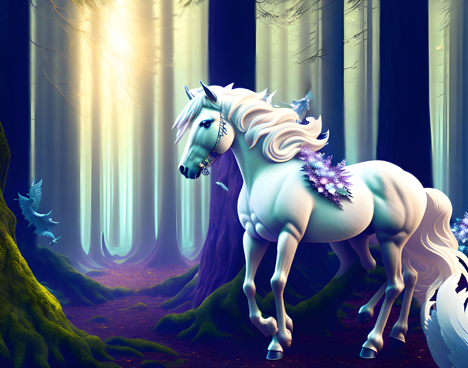 White Unicorn with Purple Mane in Enchanted Forest with Bluebirds