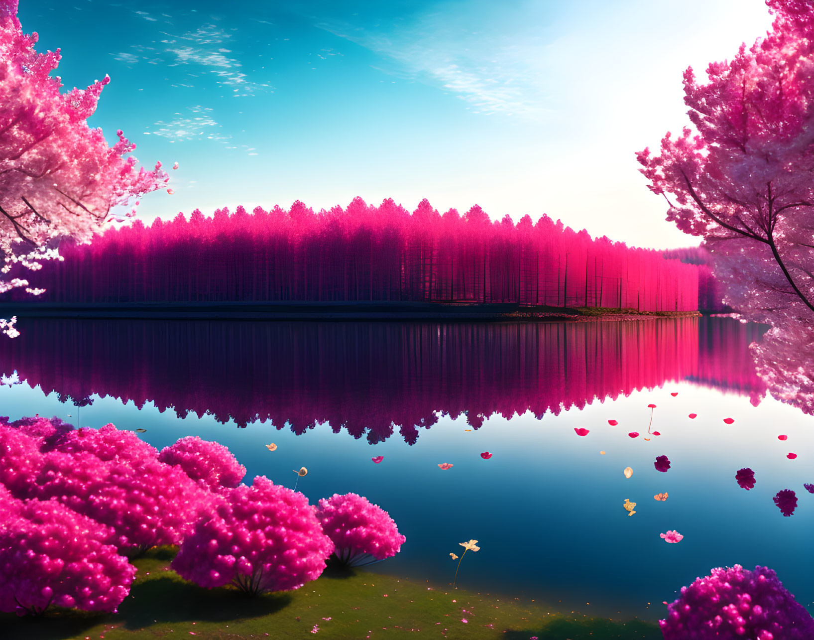 Tranquil lake scene with pink trees and blossoms