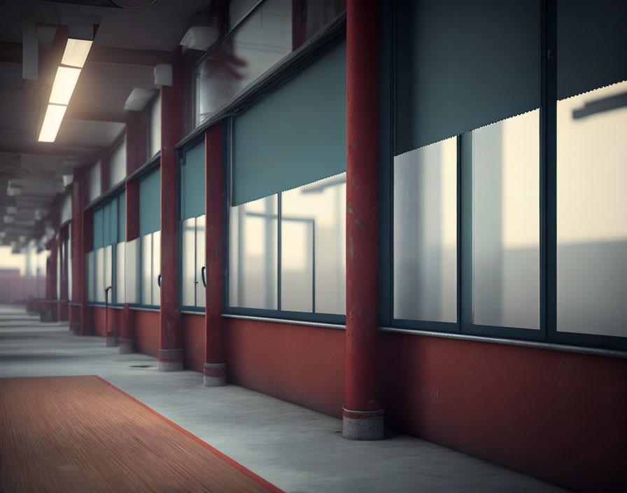 Dimly Lit Hallway with Frosted Glass Windows and Red Walls