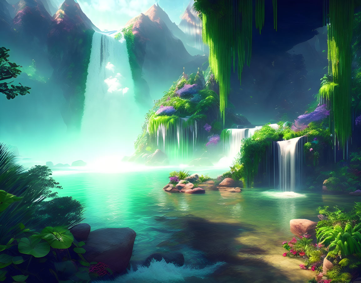 Tranquil fantasy landscape with lush greenery and waterfalls