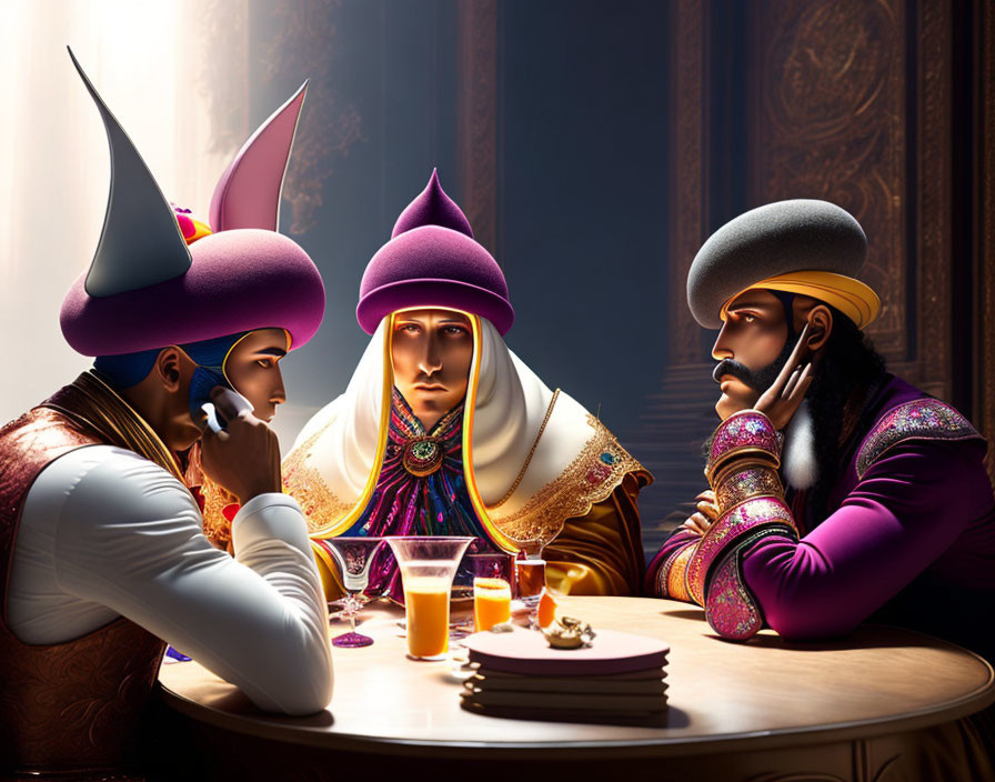 Animated characters in Ottoman attire conversing over drinks