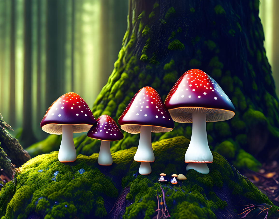 Vibrant red-spotted mushrooms in mossy forest setting