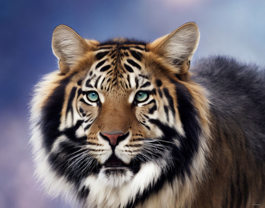 Detailed close-up portrait of a tiger with striking blue eyes and fur on blurred blue backdrop