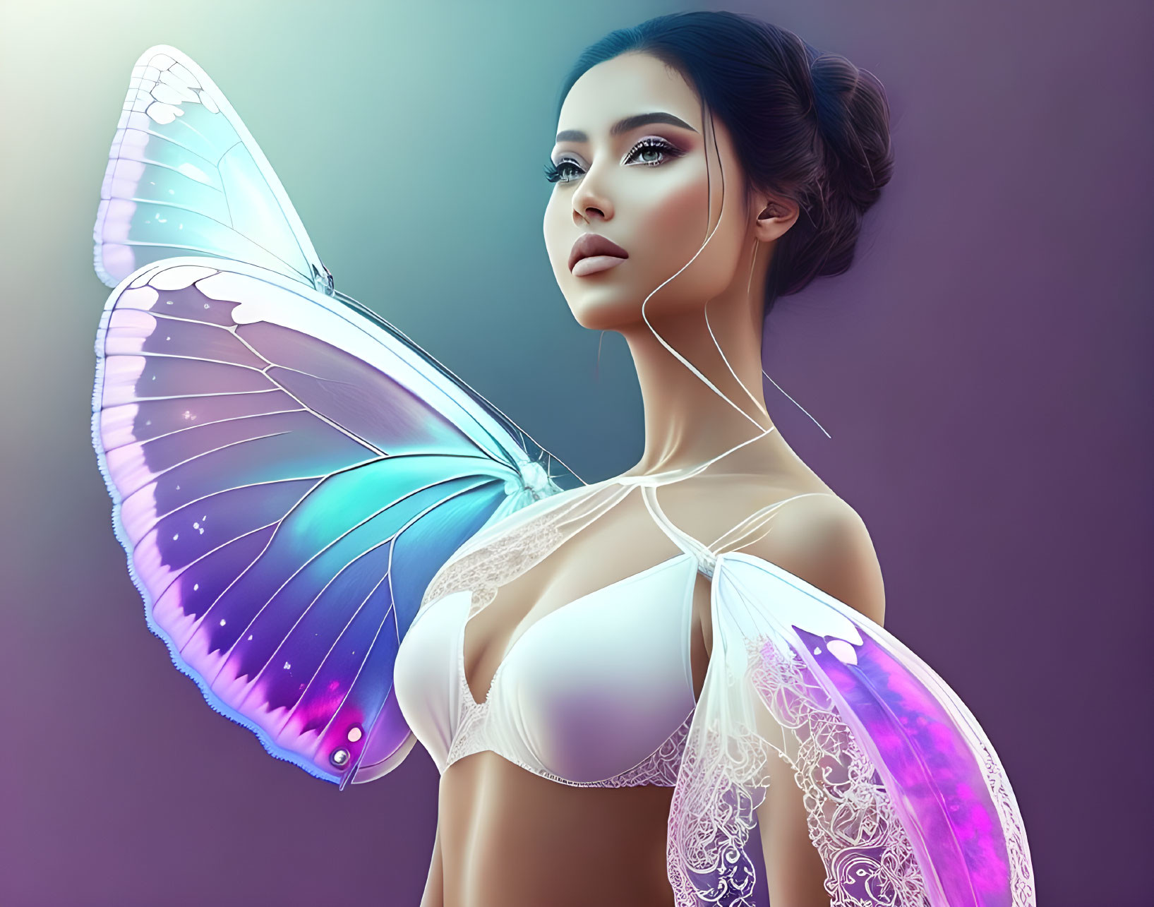 Digital artwork: Woman with butterfly wings, purple to blue gradient, lace details, glowing outlines