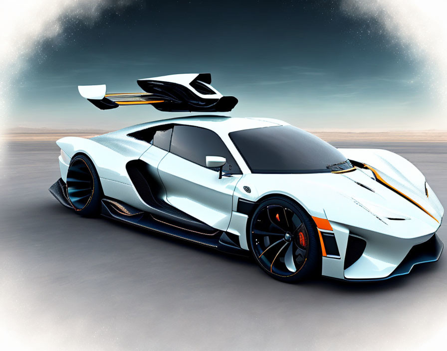 Futuristic white sports car with black and orange accents in desert setting