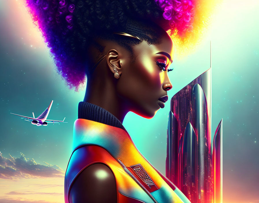 Colorful digital art: Woman with afro hair, futuristic cityscape, sunset sky.