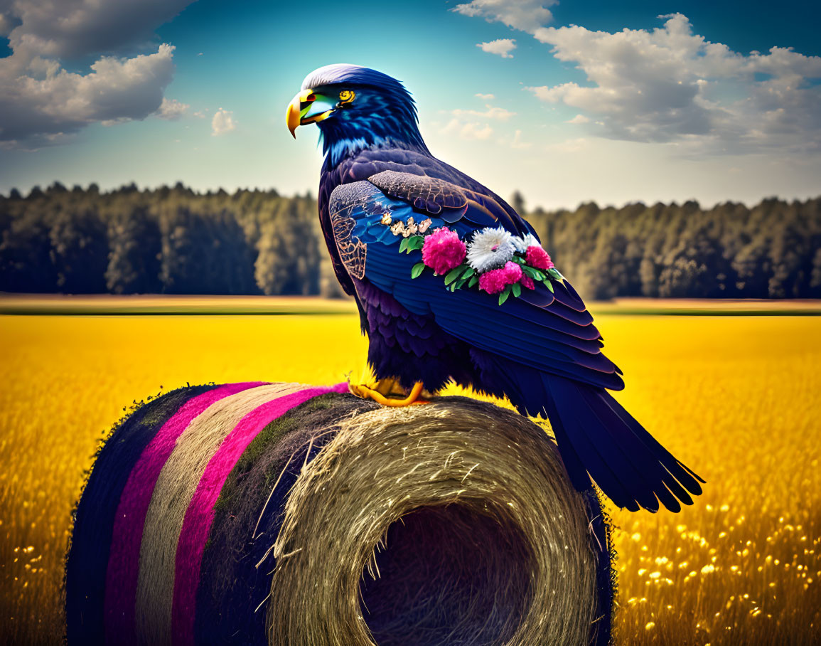 Colorful Majestic Eagle Perched on Hay Bale in Golden Field