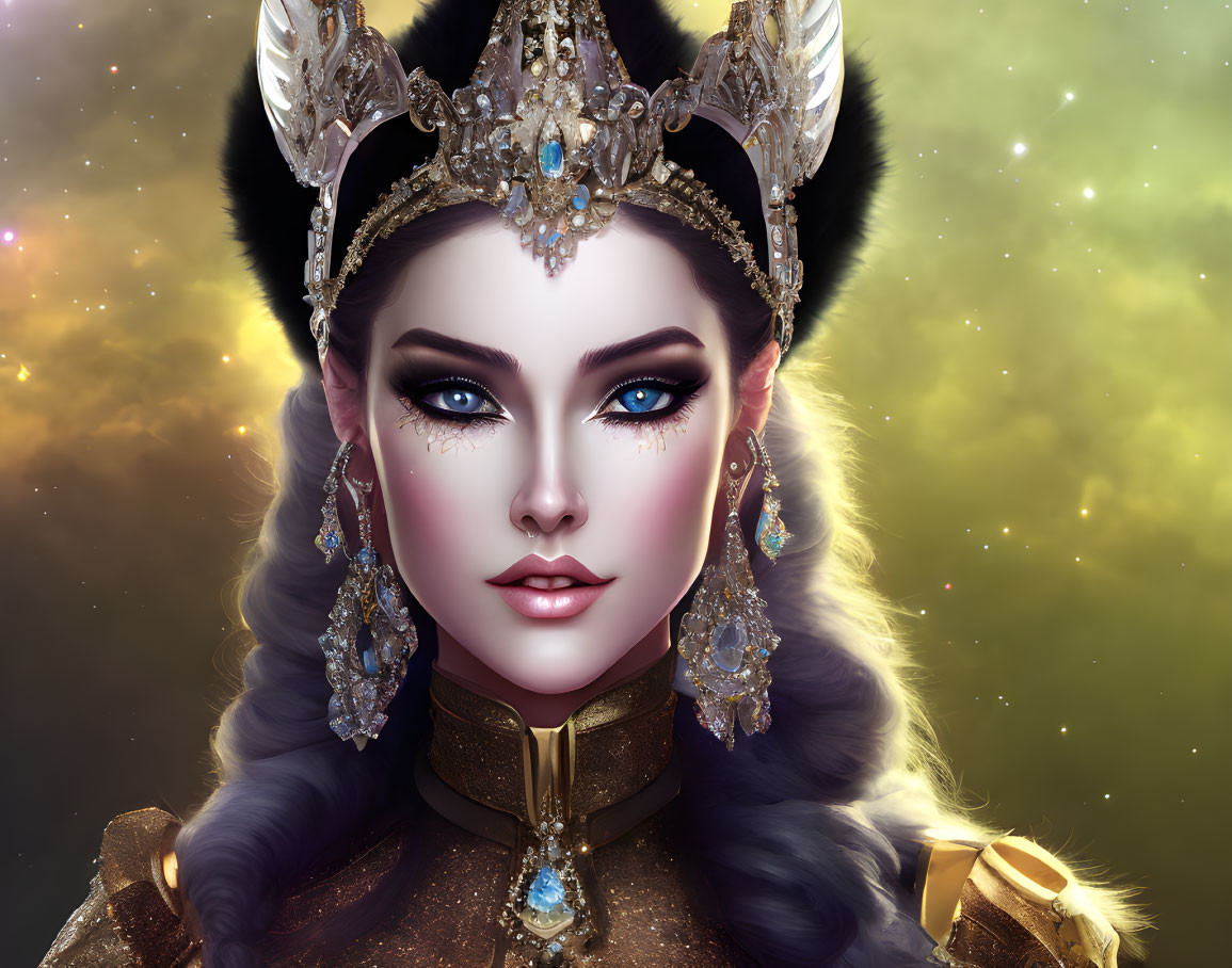 Fantasy portrait of woman with gem-encrusted headdress and intense blue eyes