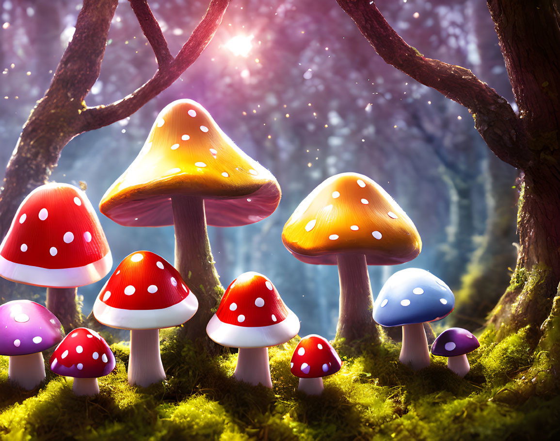 Vibrant fantasy mushrooms in sunlit forest glade