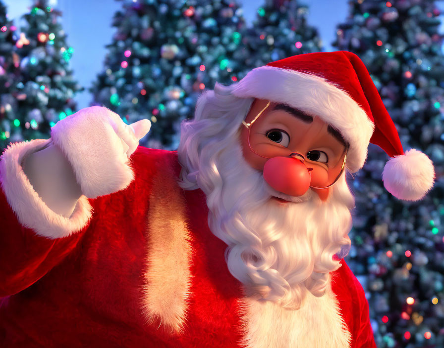 Cheerful animated Santa Claus winks in red hat and coat amid twinkling Christmas trees