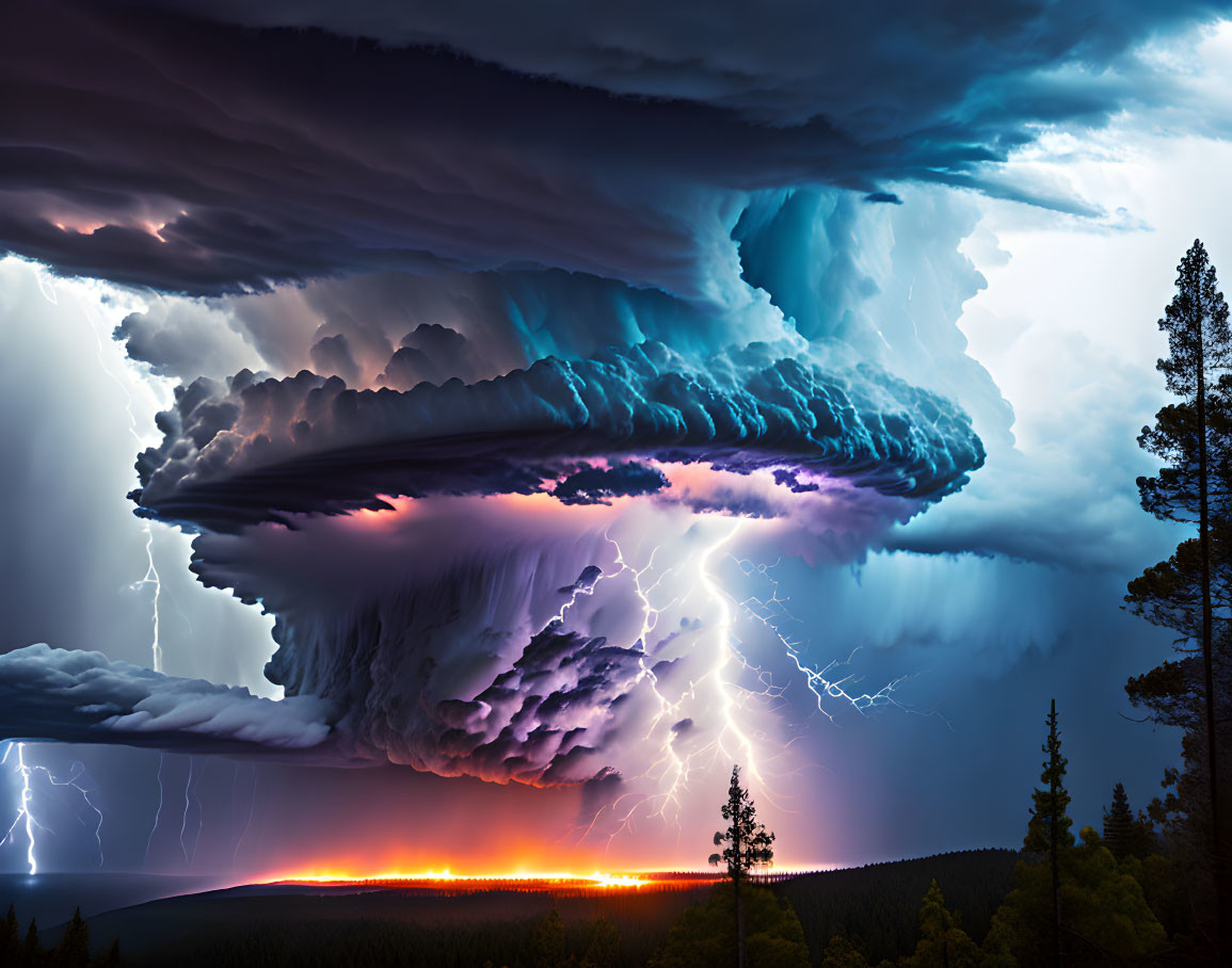 Intense lightning in dramatic thunderstorm over forest silhouette