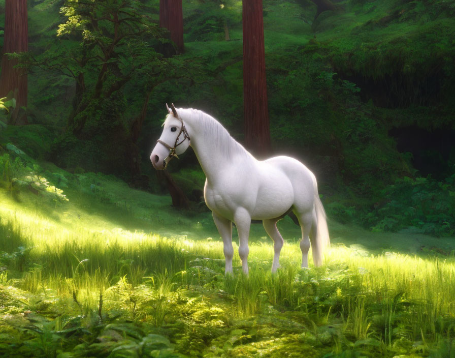 White horse in sunlit forest clearing surrounded by green foliage