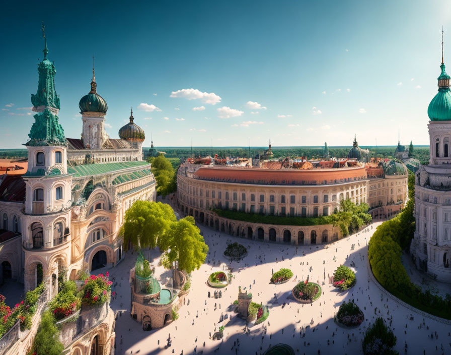 European plaza with green domed towers and lush trees on a sunny day