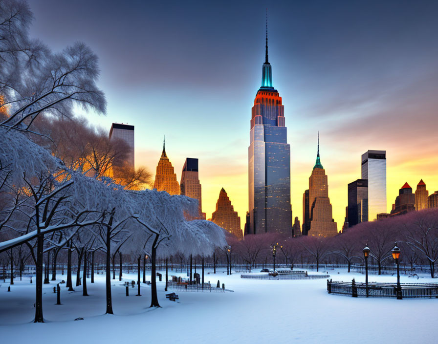 Winter park scene: snow-covered, bare trees, twilight sky, illuminated skyscrapers