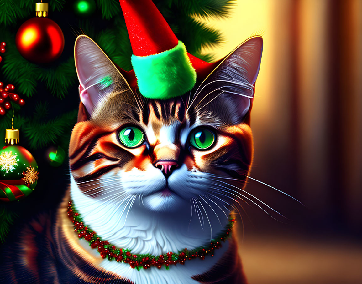 Cat with Green Eyes in Elf Hat & Christmas Collar by Christmas Tree