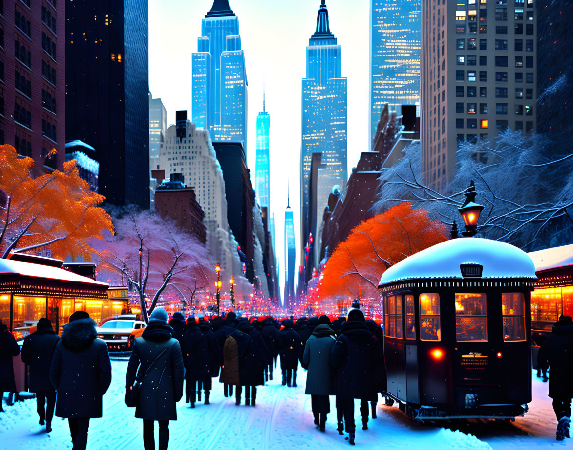 Snow-covered city street with vintage tram, illuminated skyscrapers at dusk