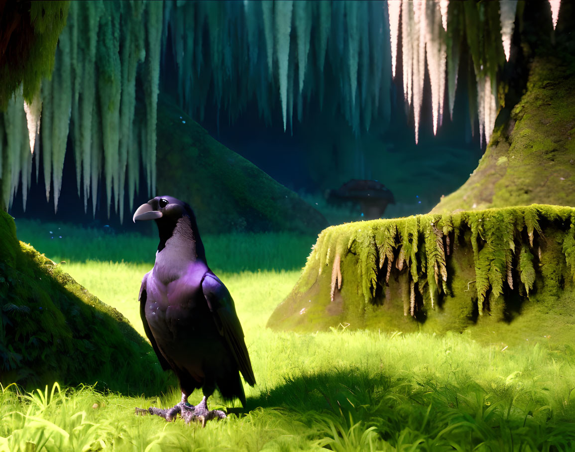 Raven in lush green forest with moss-covered ground