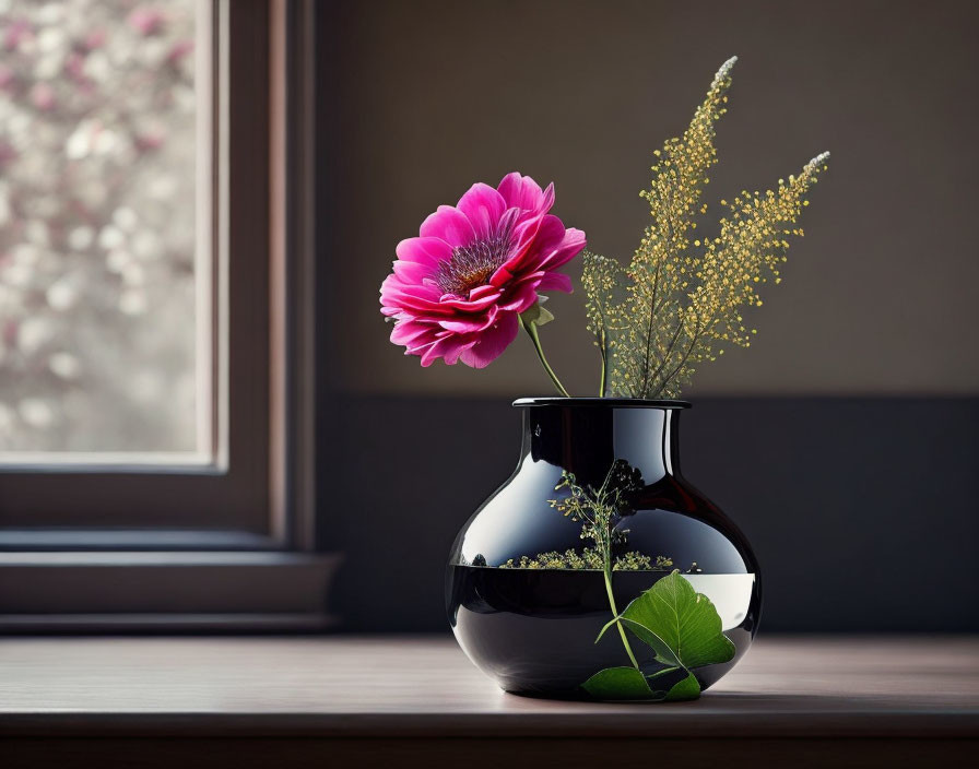 Pink and Yellow Flowers in Black Vase on Wooden Surface with Soft Light