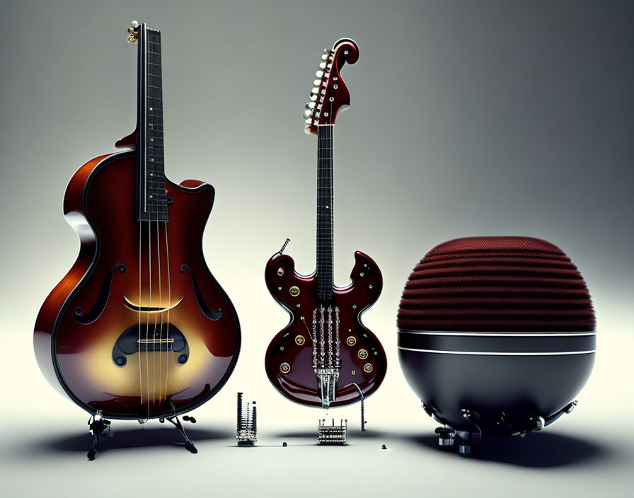 Assorted Guitars and Speaker on Neutral Background