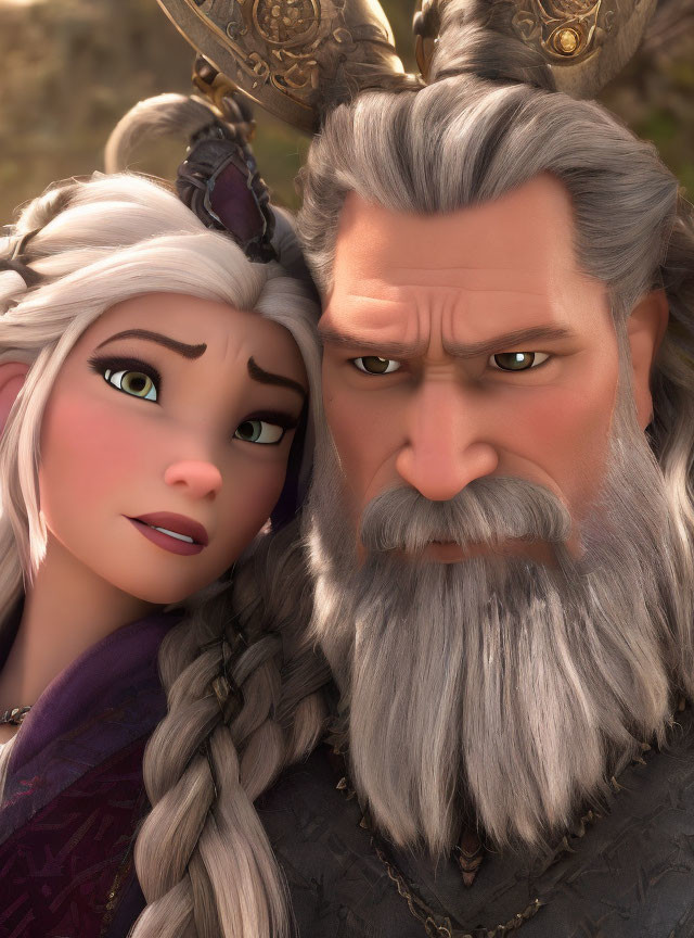 Animated characters: young woman with white braided hair and man with grey beard, displaying close bond.