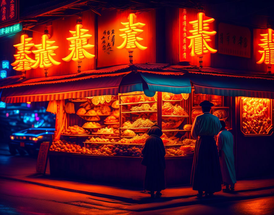 Colorful Asian Night Market Scene with Neon Signs and Traditional Garments