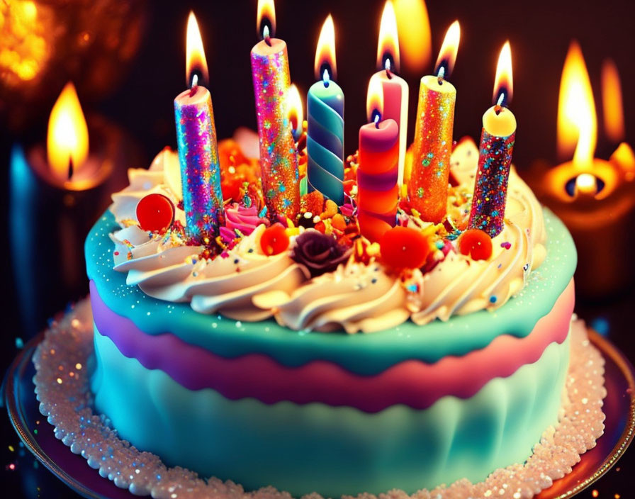 Vibrant birthday cake with candles and sprinkles on dark background