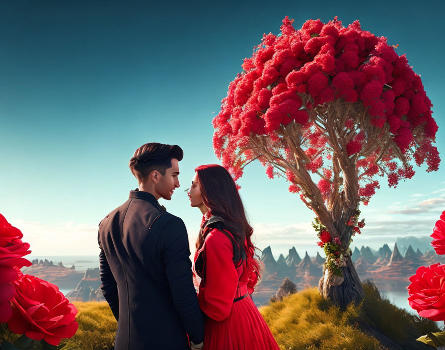 Couple in elegant attire in fantastical landscape with oversized red flowers and heart-shaped tree canopy.