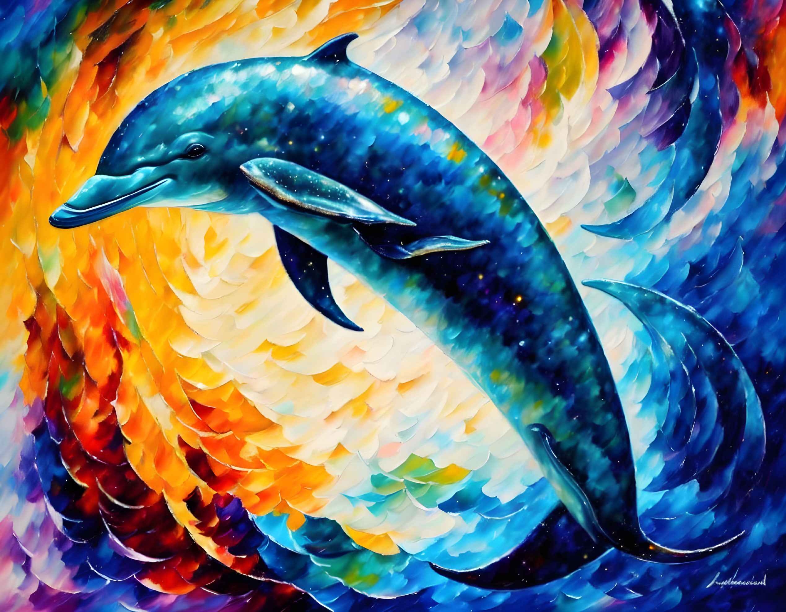 Colorful Dolphin Leaping Painting with Abstract Background