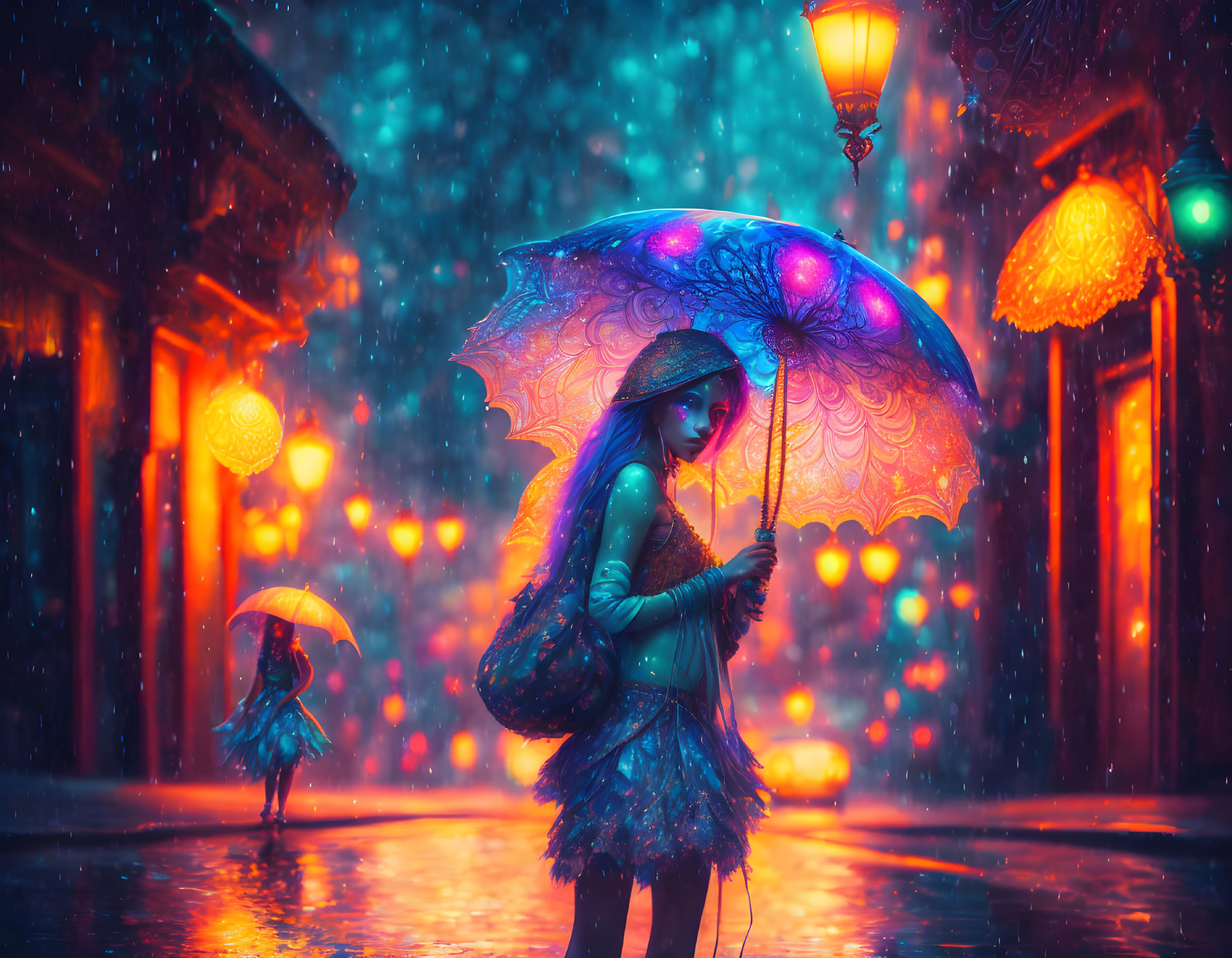 Fantastical scene of individuals with glowing umbrellas on rain-soaked street