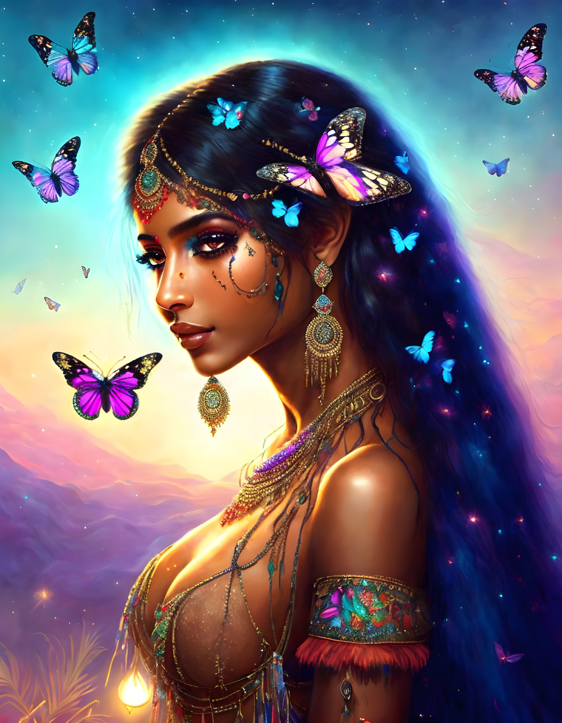 Vibrant makeup woman with butterfly and cosmic hair at sunset