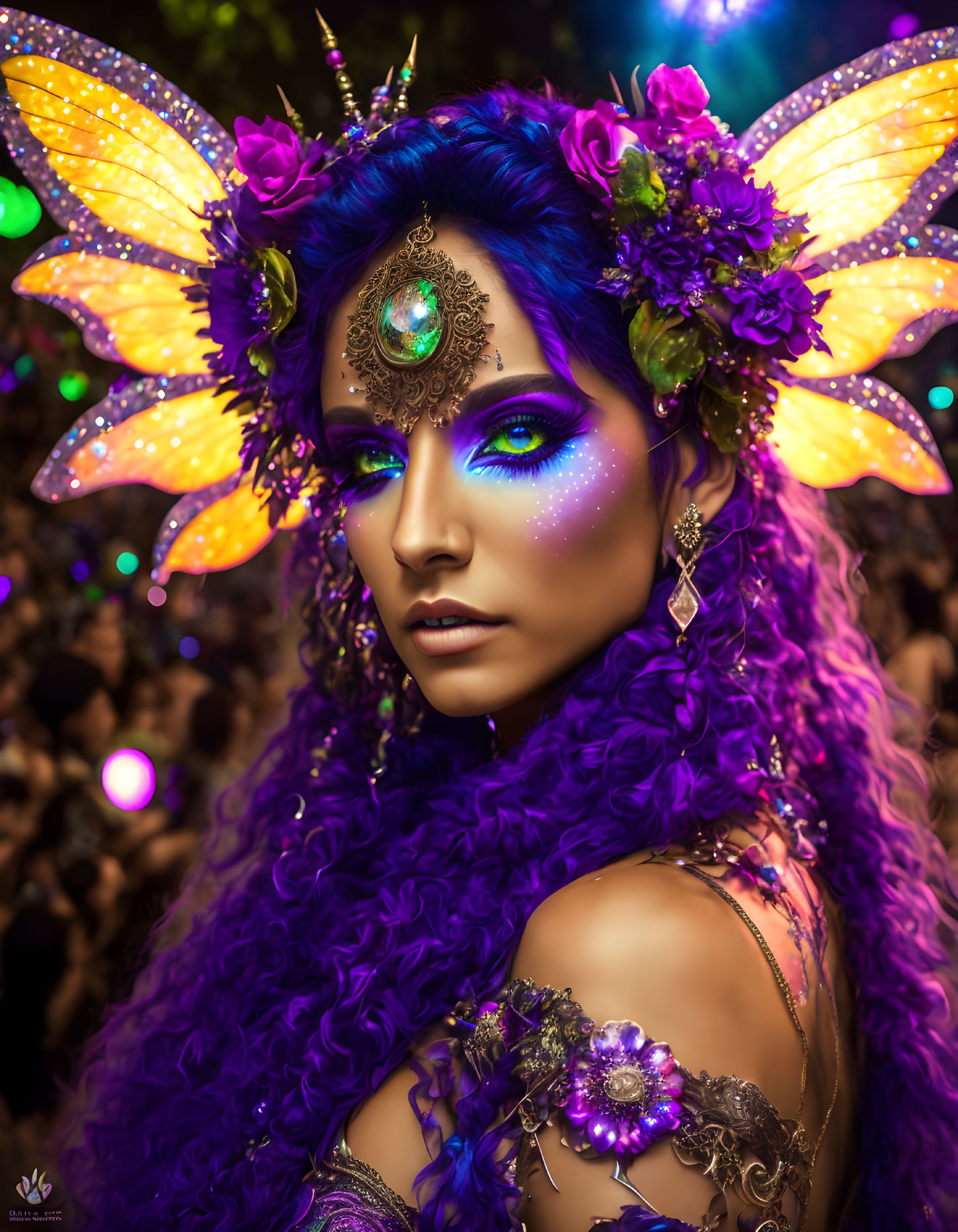 Woman with Blue-Violet Makeup and Butterfly Wings with Floral and Peacock Feather Details