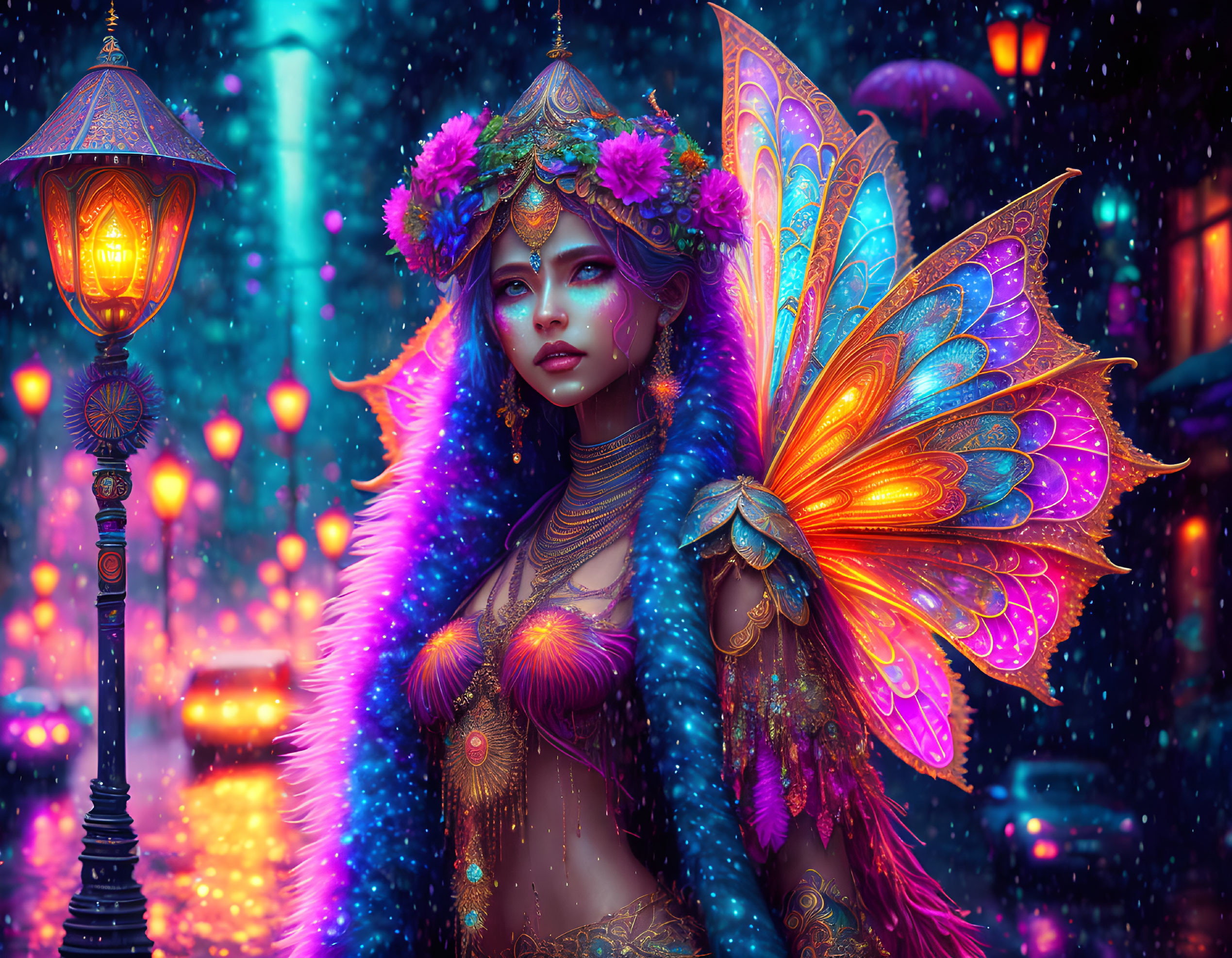 Colorful fairy with flowered butterfly wings in snowy street scene