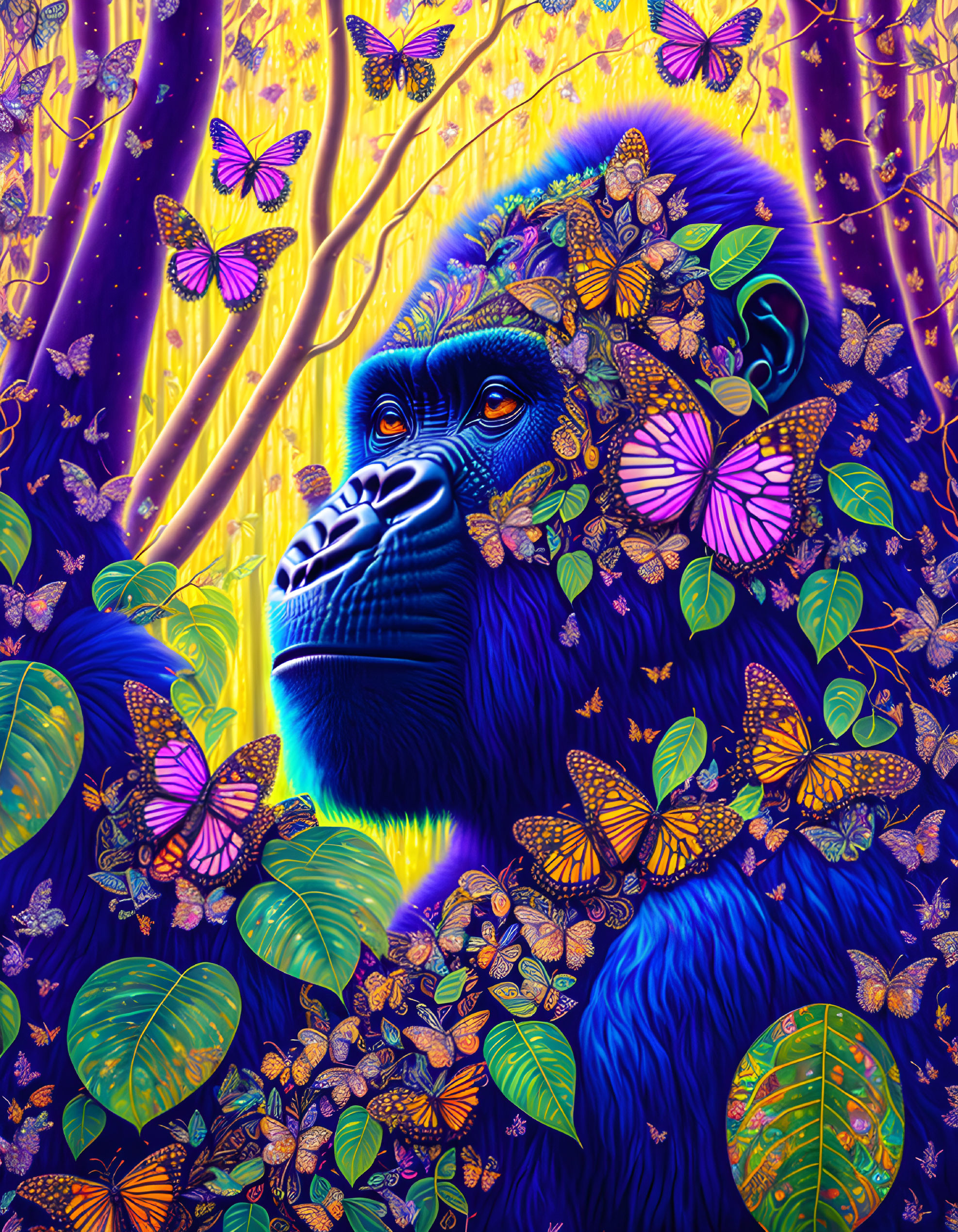 Colorful Gorilla with Butterflies and Foliage in Purple and Gold Palette